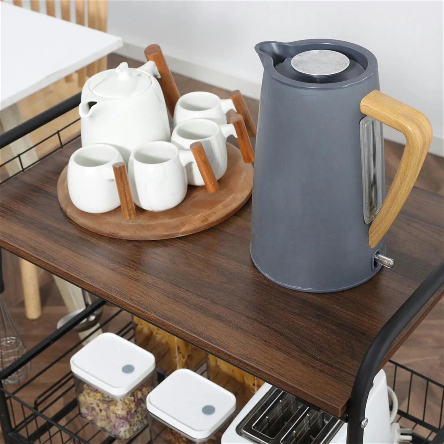 Demi Bonn 33" Kitchen Island Cart on Wheels with Storage, Rolling Dining Room Serving Utility Carts Mobile Movable with Fruit Basket and Side Hooks for Dining Room, Walnut