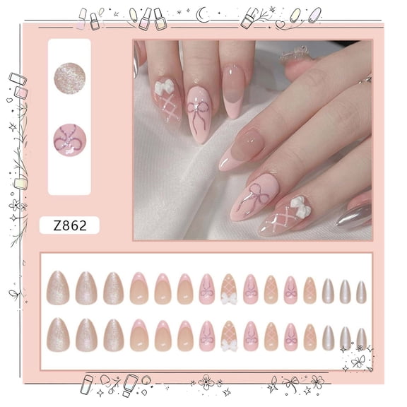 Sweet Glossy Press on Nails Set for Women Girl,Solid Color Short Almond Fake Nails Acrylic Shine Flower Glue on Nails for Office Daily Wedding,Full Nail Wrap Gift for Valentine Holiday 24pcs