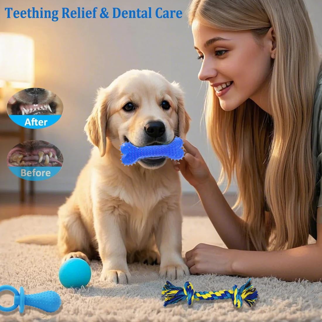 20 Pack Puppy Chew Toys - Blue Dog Teething Toys for Puppies, Puppy Teething Rings and Durable Ropes, Blue Rubber Toy Bundle for Small Dogs, Cute Interactive Dog Balls for Small Breed