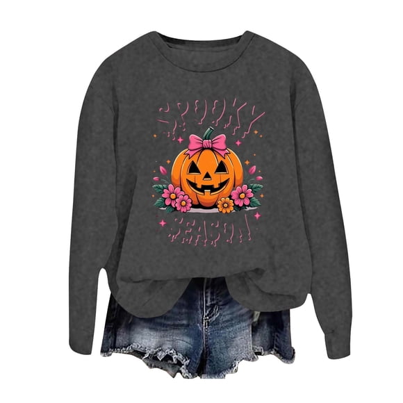 Chandail en Molleton Sans Capuche d'Halloween pour Femmes Chandail Imprimé à Manches Longues Col Rond Décontracté Mode Automne Haut Confortable Coupe Ample