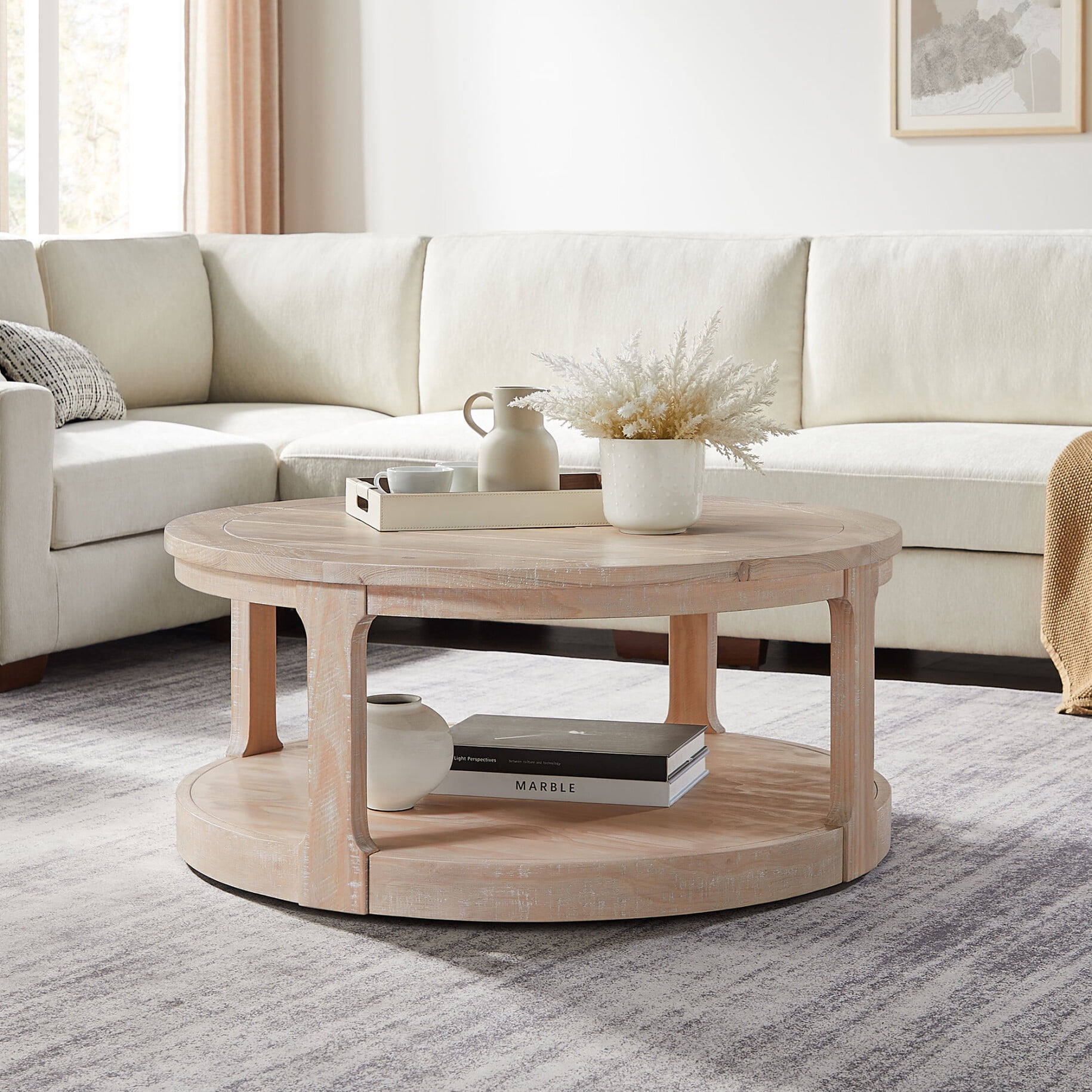 Round Coffee Table on Wheels, 40" Wooden 2-Tier Circle Coffee Table with Storage Shelves, Modern Accent Center Table for Living Room, Oak