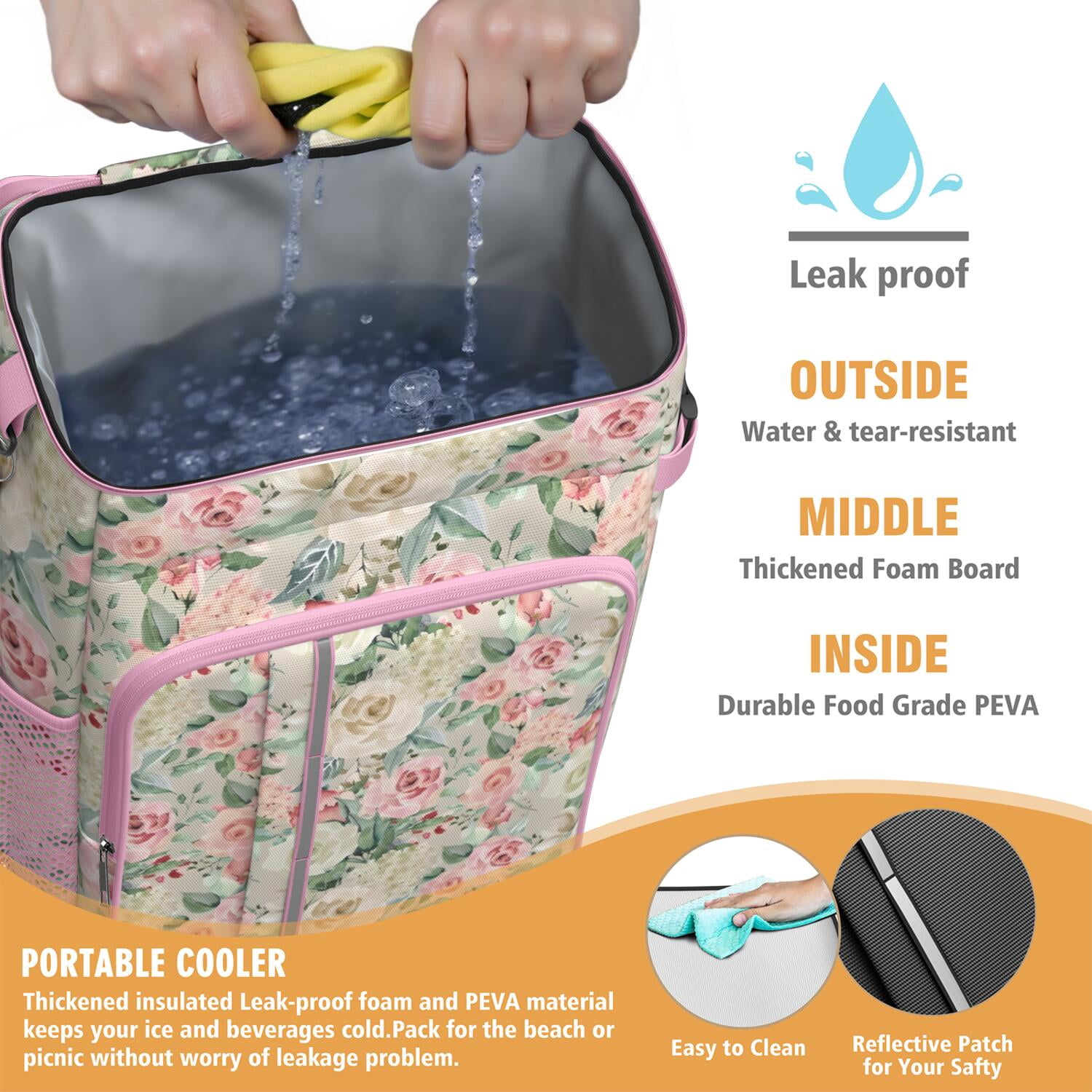 Travel Cooler Bag - Pioneer Flower Floral Print Pattern Camping Beer Cooler Backpack with Bottle Opener- Waterproof Insulated Picnic Backpacks - Cooler Bag for Beach