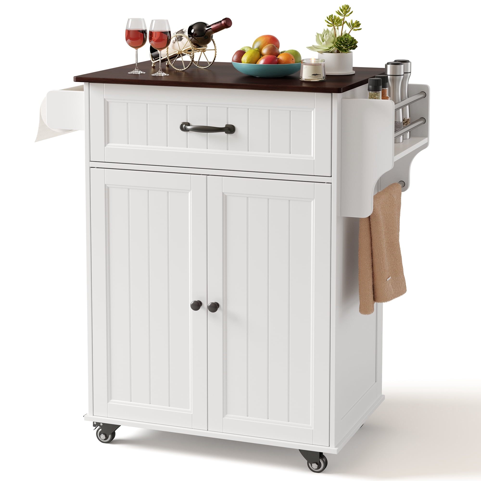 Kitchen Island Cart with Storage, Lofka Microwave Stand with Spice Rack, Towel Rack, Adjustable Shelf, 1 Drawer, White+Retro Desktop