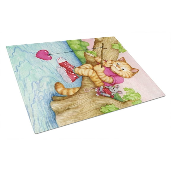 Caroline's Treasures CDCO0320LCB Valentine Cat Fishing For Love Glass Cutting Board Large, 12H x 16W, multicolor