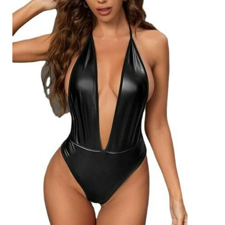 

Women V Neck Lingerie PU Leather Jumpsuit Costume Clubr Bodysuit Romper Leotard