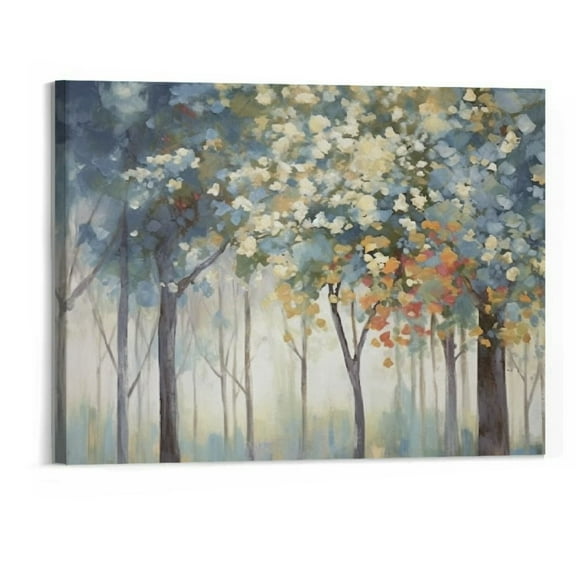 Creowell Abstract Landscape Canvas Wall Art: Neoclassicism Forest Painting Dark Blue Trees Picture Modern Country Woods Scenery Prints Quiet Suburb Artwork for Bedroom Living Room Office 20x16 Inch