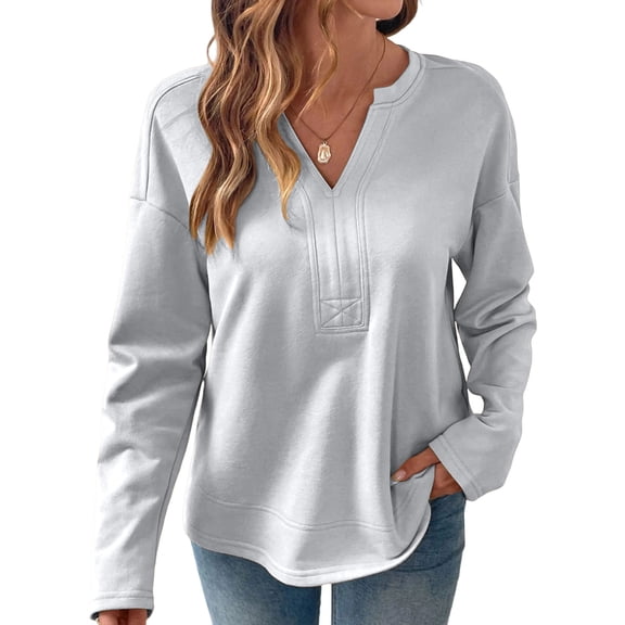 Enjoytime Tops for Women Trendy Solid Color V-Neck Long Sleeve Sweatshirt Fall Fashion Casual Office Work Blouses