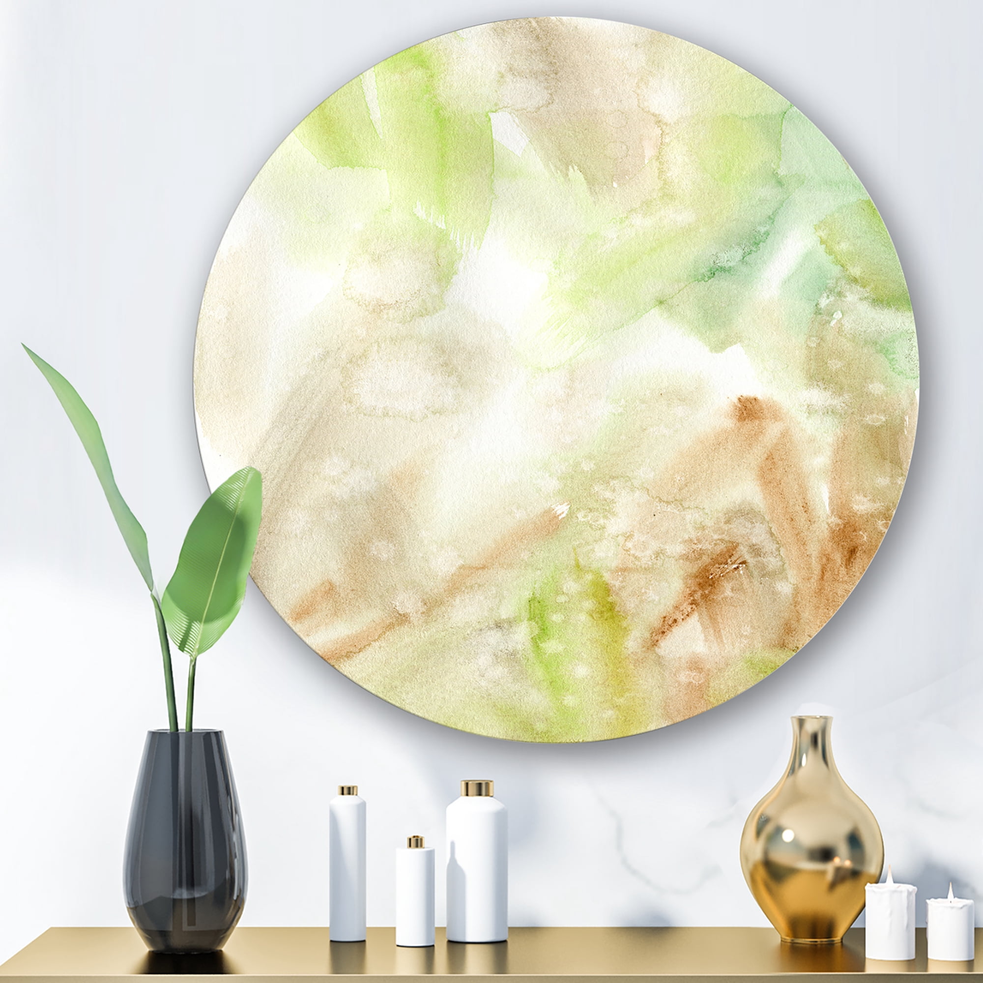 Designart 'Pastel Abstract With Brown Green and Beige Spots' Modern Circle Metal Wall Art 23x23 - Disc of 23