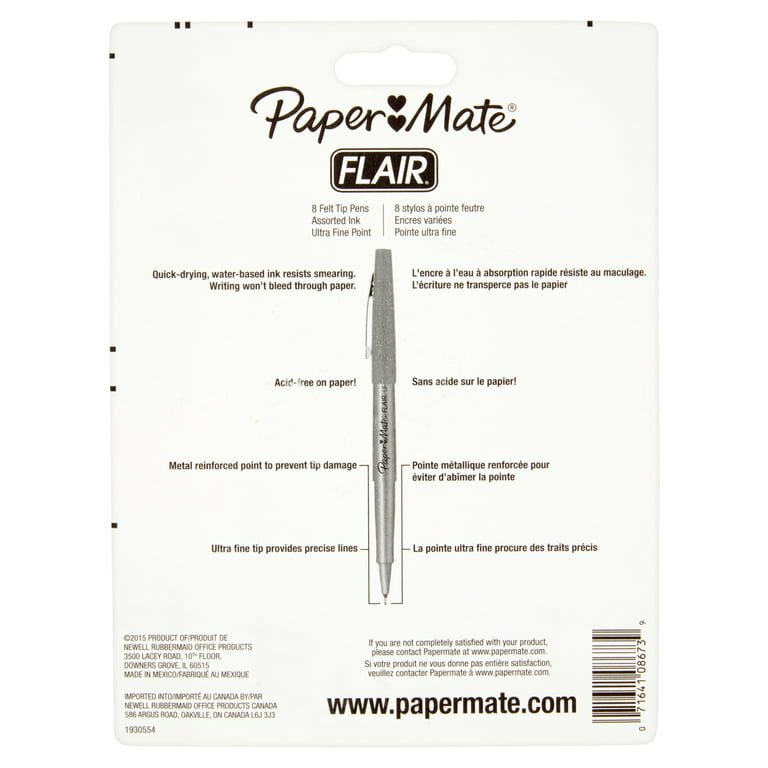  Paper Mate 62145 Flair Felt Tip Pens, Ultra Fine Point  (0.4mm), Assorted Colors, 8 Count : Felt Tip Pens : Office Products