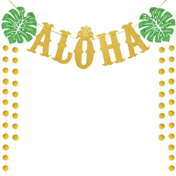 Jinsinto Décoration de Fête Hawaïenne Aloha Grande Bannière Aloha Dorée Brillante pour Fournitures de Fête Luau Cadeaux