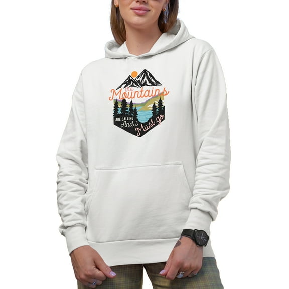The Mountains Are Calling and I Must Go Art Merch Gift, White Hooded Sweatshirt or Hoodie, Small