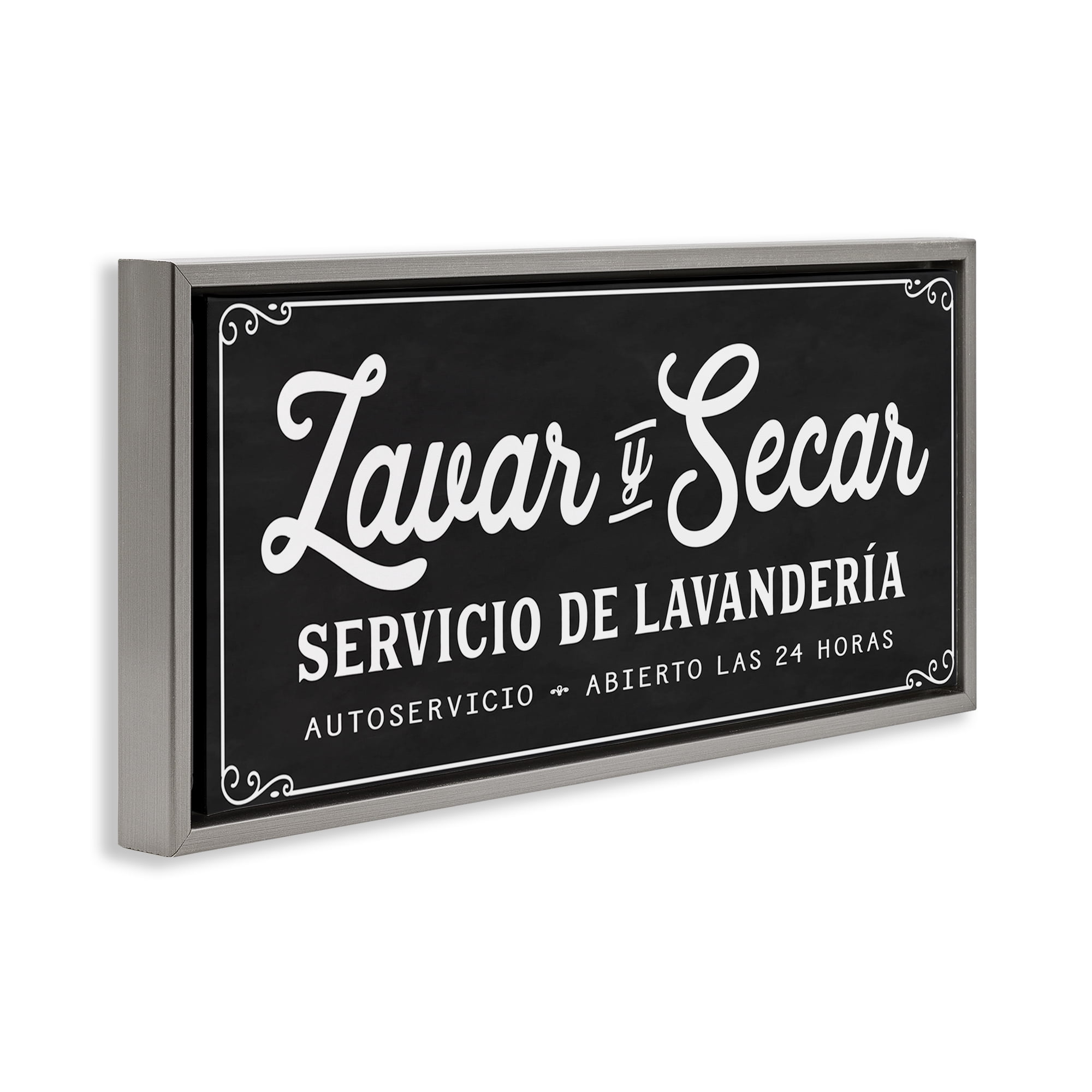 Stupell Industries Lavar y Secar Lavandería Bath & Laundry Painting Gray Floater Framed Art Print Wall Art, 31 x 14