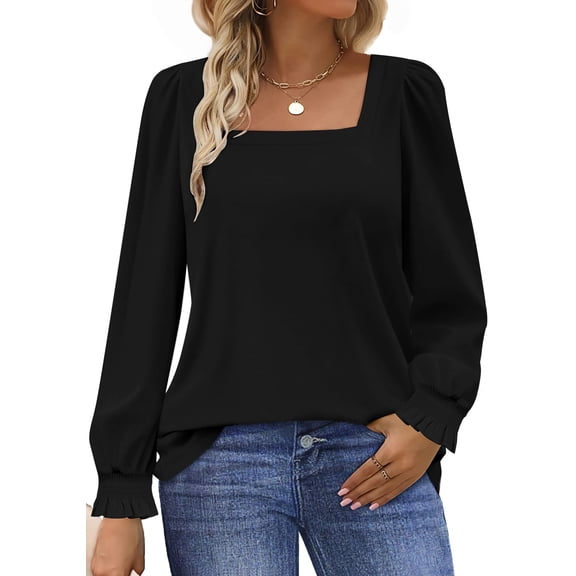 UVN Blouses for Women Square Neck Long Sleeve Shirts Dressy Casual Tunic Tops