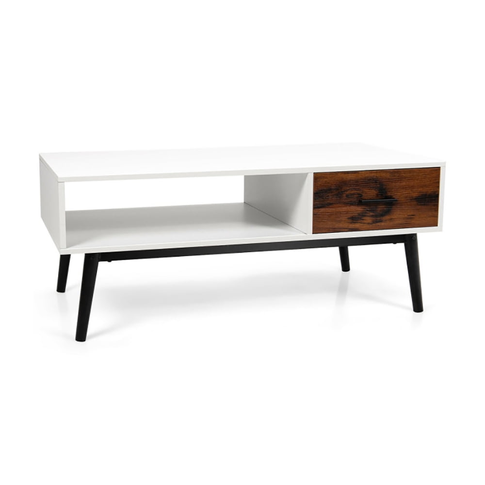 Finihen Wooden Coffee Table, Rectangular Coffee Table, Rectangular Wooden Coffee Table with Drawer and Open Storage Shelf, for Living Room, Reception Room, Office, White