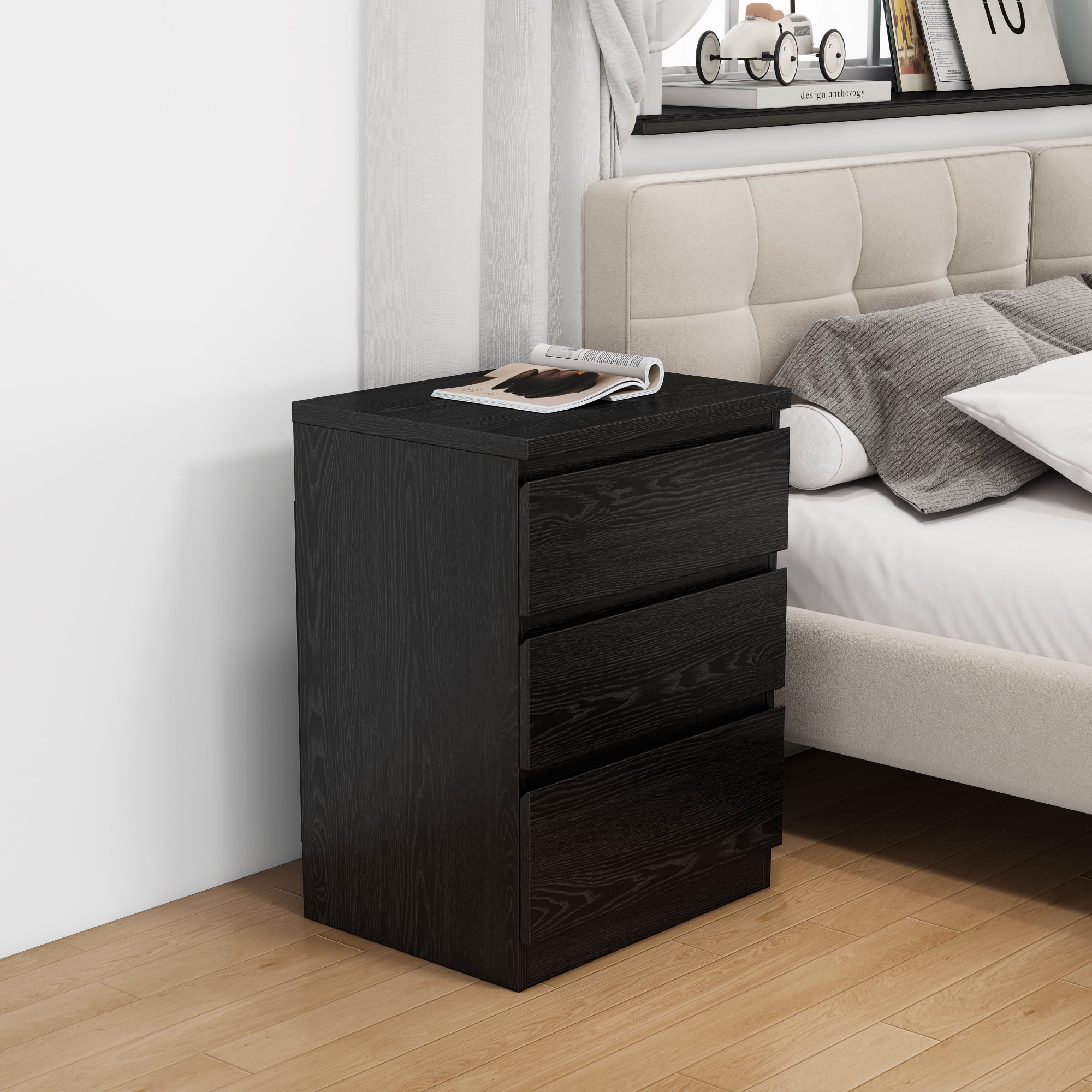 Leumius 19.7" Nightstand with 3 Drawers,Handle-Free Design,Thickened Top,Small Storage Cabinet for Bedroom/Living Room,Black