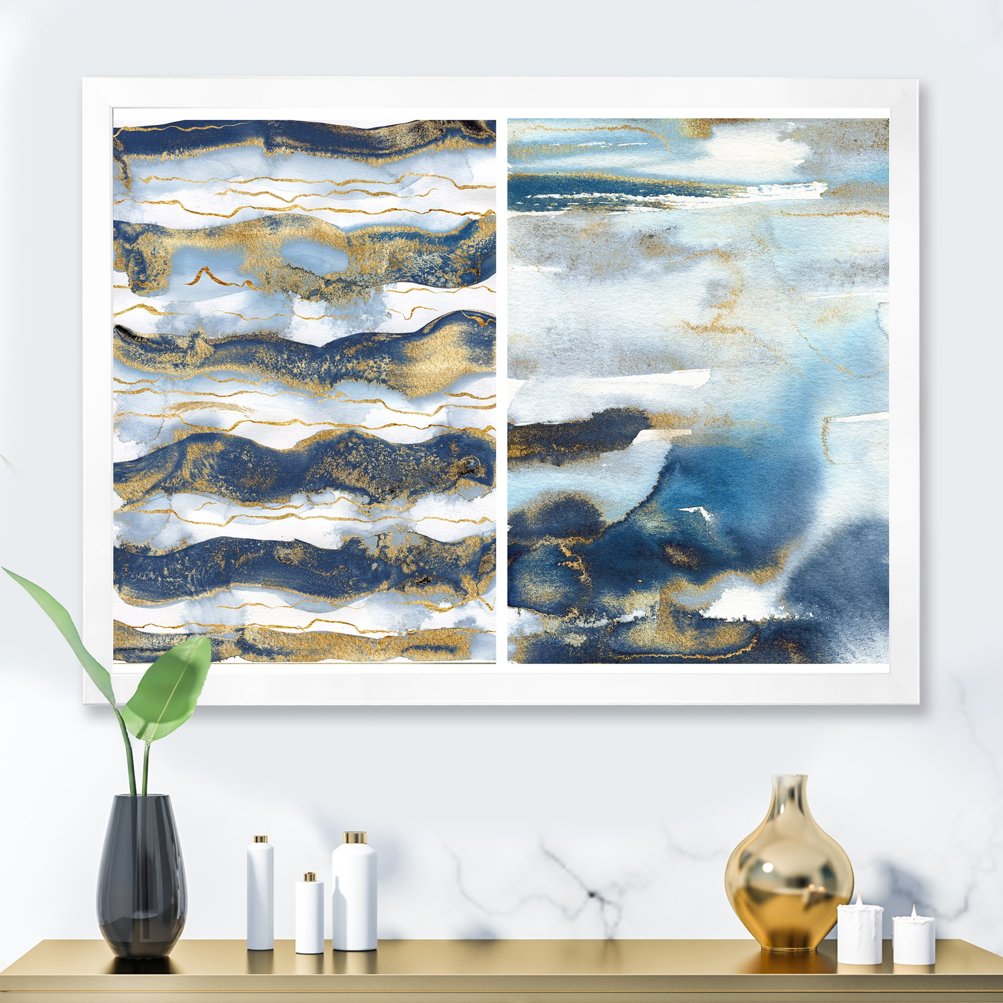 Designart 'Gold and Dark Blue Abstract Waves II' Modern Framed Art Print