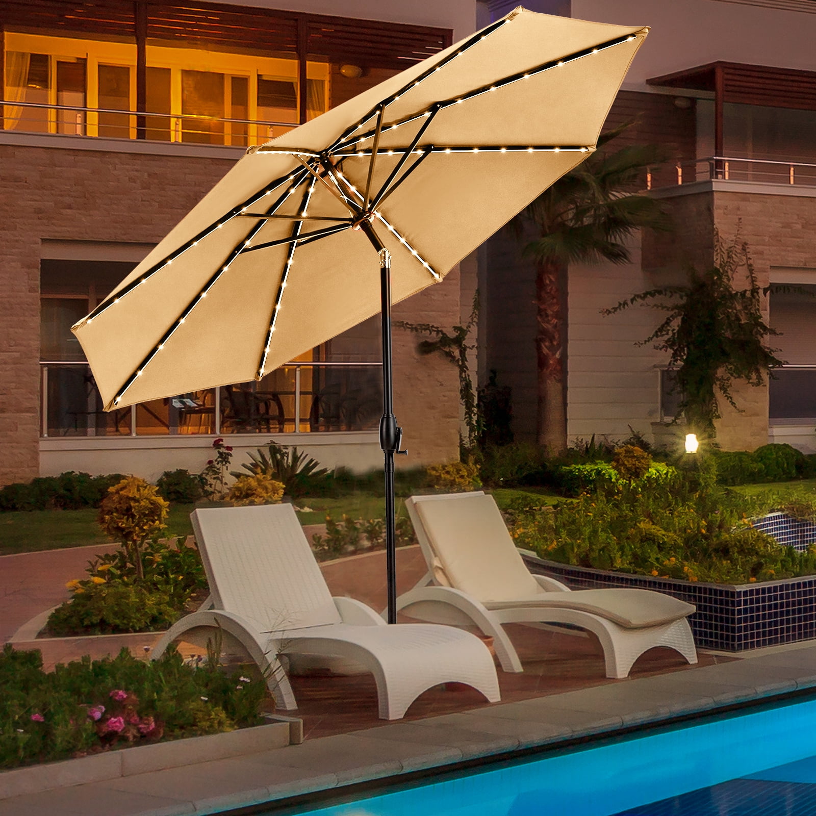 9Ft Patio Umbrella, Sun Shade with 7 Colored Solar Powered LED