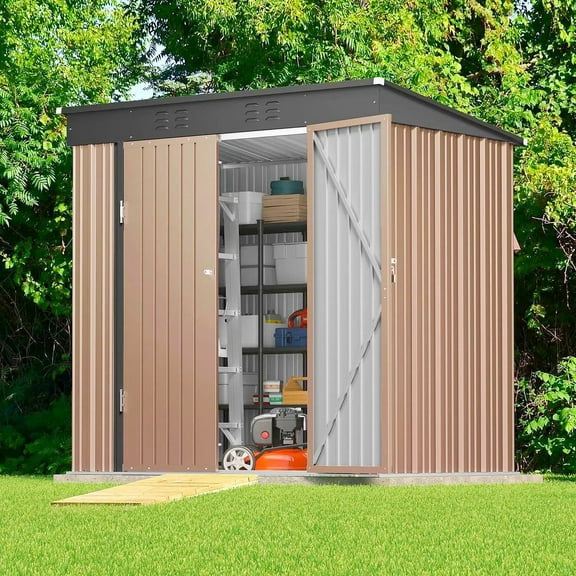 Outdoor Storage Shed 6'x4' Garden Shed with Double Locked Doors for Storing Lawn Mower, Bike & Outdoor Tools, Brown