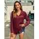 thumbnail image 4 of Blusa HOTOUCH de seda de satén rojo vino con cuello en V y manga larga para mujer, 4 of 7