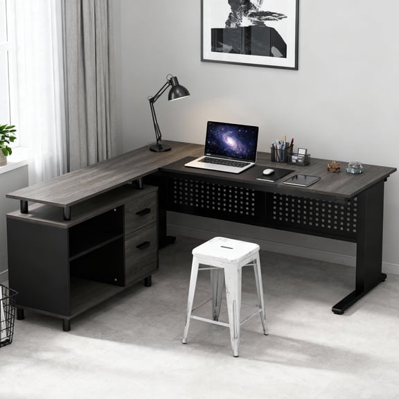KIOOTTO 63" Slate Titanium Executive L-Command Station – 160cm Grand-Scale Corner Hub with Integrated Document Vault, Industrial Grid-Lattice Shield, and Reinforced E0-Grade Surface