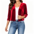 thumbnail image 4 of Vivianyo HD Women's Velvet Cropped Open Front Shrug Cardigan, Ruched Three Quarter Sleeve Cover Up for Women, Outer Layer for Dinner Events and Evening Plans, Size S-3XL, 4 of 6
