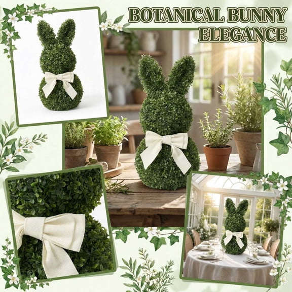 Yanxiao 24" Artificial Boxwood Bunny Topiary, Lifelike Faux Greenery Rabbit Statue with Removable Beige Bow, Indoor Outdoor Easter & Home Decor for Living Room, Porch & Spring Holiday Display