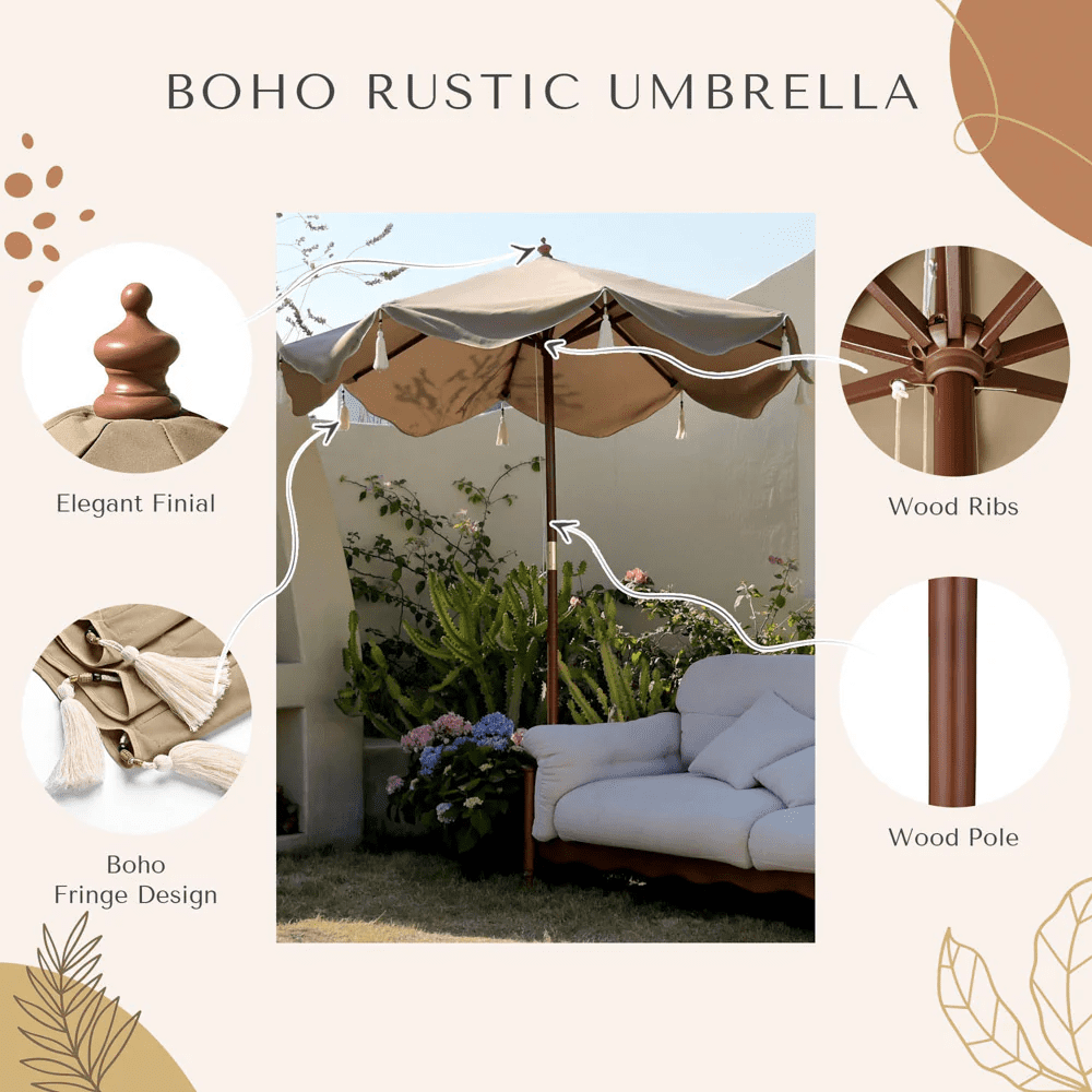 Boho Fringe Umbrella Wood Market Umbrella, Khaki + Tassels