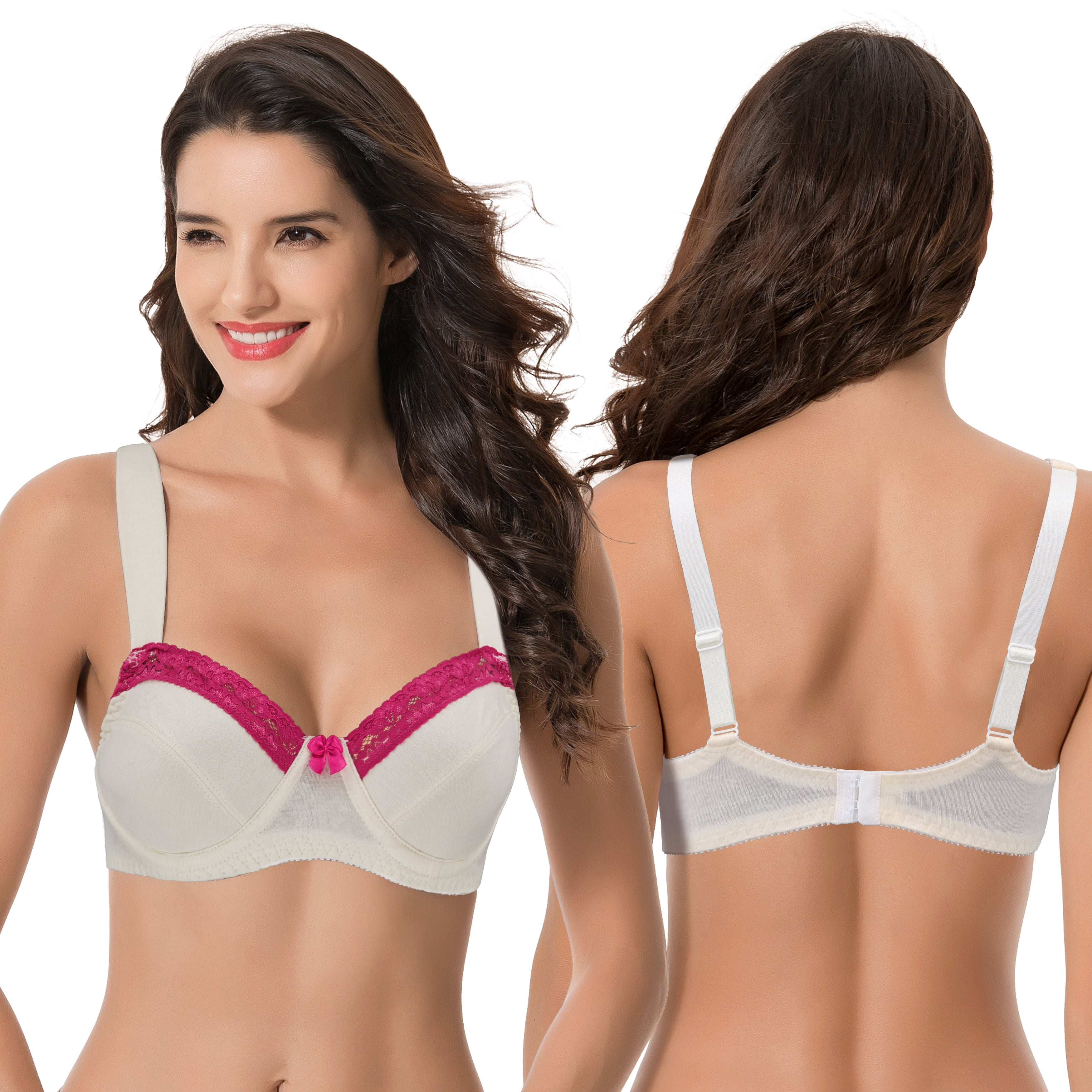 Curve Muse Women's Plus Size Underwired Unlined Balconette Cotton Bra-3Pack-White Print,Dark Gray,Cream-48B