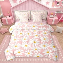Homewish Vibrant Pink Flower Twin Bedding Sets 7-Piece for Kid, Groovy Daisy Floral Bedding Comforter Set, Kawaii Cartoon Theme Reversible Sheet Sets, Microfiber Bedroom Decor