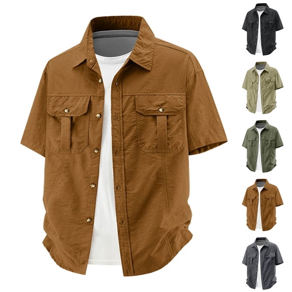 Men's Casual Button Down Short Sleeve Shirt Solid Color Lapel Pocket Outdoor Quick Dry Breathable Shirt Tops For Golf Hiking Vacation Travel Fashion Essential Gift | JASKFLY,Army Green L