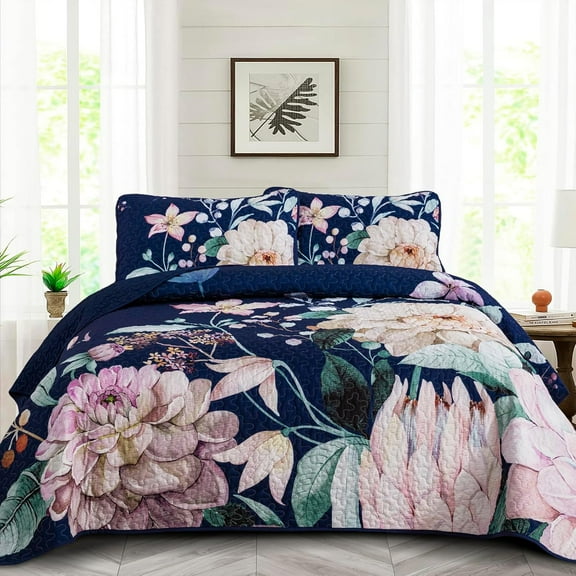 Floral Quilt Set King Size Navy Blue Botanical Bedspread Coverlet Set 3 Pieces Soft Lightweight Flower Quilt Bedding Set for All Season, 104"x90"