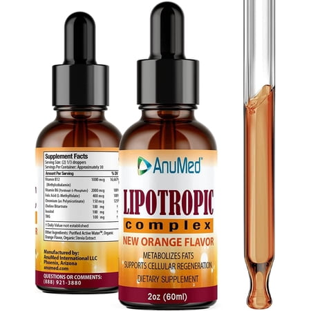 AnuMed Lipotropic Complex New Orange Flavor - Liver Detox - Energy and Metabolism Booster - 2 oz