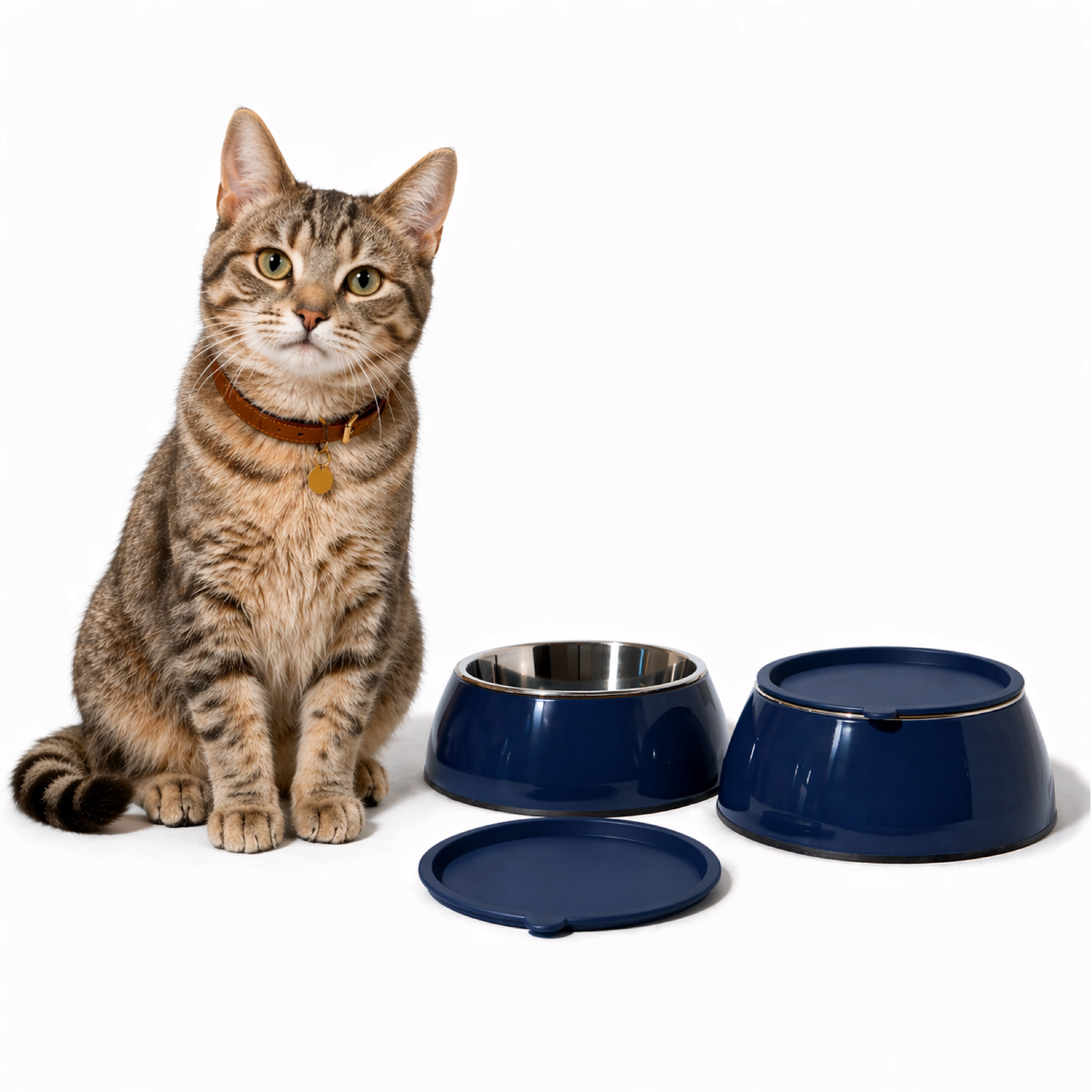 Martha Stewart 3 in 1 Melamine Cat Bowl Set with Lid Navy Medium