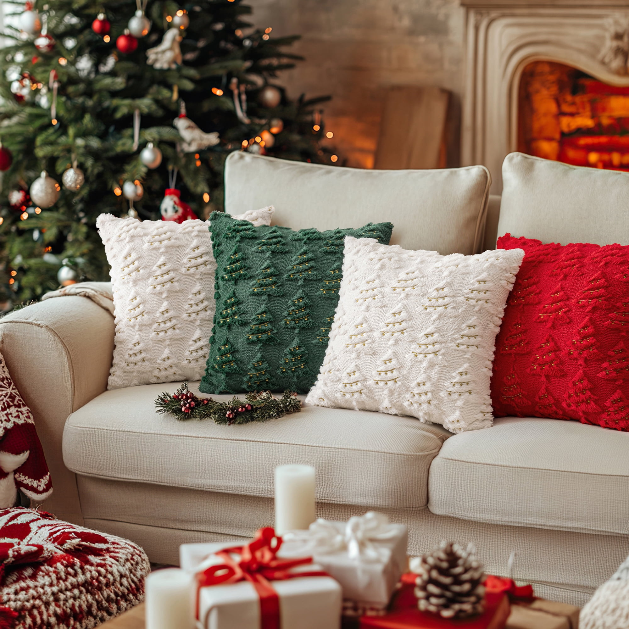 Christmas Tree Decorative Throw Pillow Covers Set of 2, Faux Fur Farmhouse Throw Pillows Cushion Cases for Xmas Winter Holiday Home Decorations