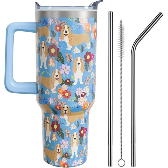 Basset Hound Gifts for Women Dog Lovers 40 oz Floral Basset Hound Tumblers with Handle and Straw, Stainless Steel Vacuum Insulated Travel Coffee Mug Cup Water Bottle