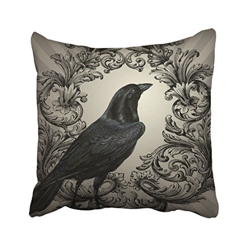 RYLABLUE Housses de Coussin Carrées 18 x 18 Pouces en Polyester, Motif Vintage Vif de Corbeau et de Fleurs d'Halloween, Style Élégant, avec Fermeture Éclair Dissimulée, Coussin de Sofa pour la Maison, Taies Décoratives