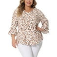 thumbnail image 2 of GRACE & GRANDEUR Women's Plus Size Polka Dots V Neck Bell 3/4 Ruffled Sleeves Peplum Hem Babydoll Blouses White Brown 1X, 2 of 6