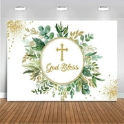 God Bless Baptism Backdrop Mi Bautizo Green Leaves First Holy Communion Party Decorations Boys Girls Christening Baptism Newborn Baby Shower Banner Background