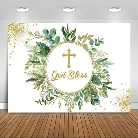 God Bless Baptism Backdrop Mi Bautizo Green Leaves First Holy Communion Party Decorations Boys Girls Christening Baptism Newborn Baby Shower Banner Background