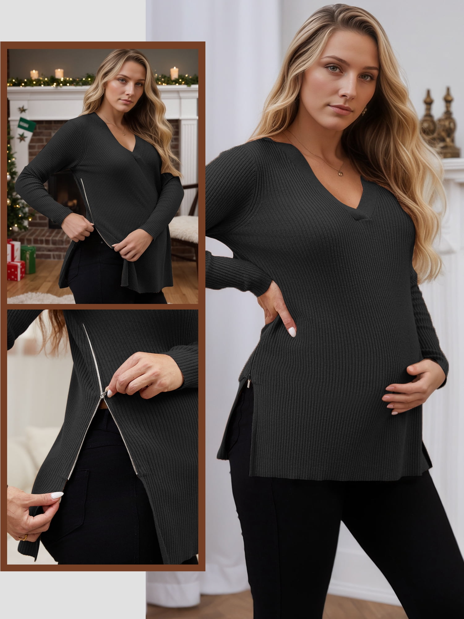 DARING DIVA Women's Maternity Zipper Split Side Sweater for Breastfeeding XL Black