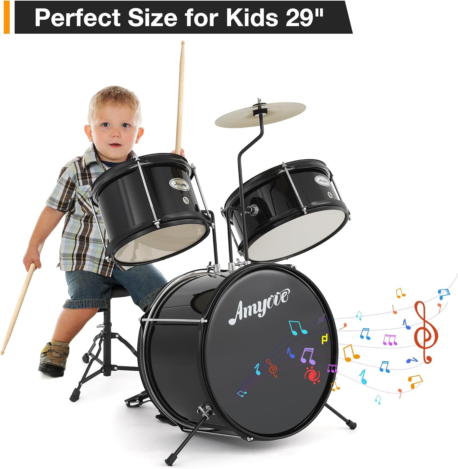 3-Piece Drum Set, Wood & Metal Construction, Includes Bass Drum, 2 Toms, Cymbal, Sticks, Bass Pedal & Stool, Complete Beginner Percussion Kit, Dark Black