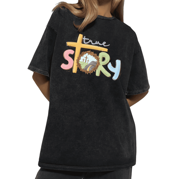 True Story Crown Of Thorns Cross Wash Print Tshirt S-2XL Acid Washed Black Graphic Tees Casual Shirts for Christian Faith Tops