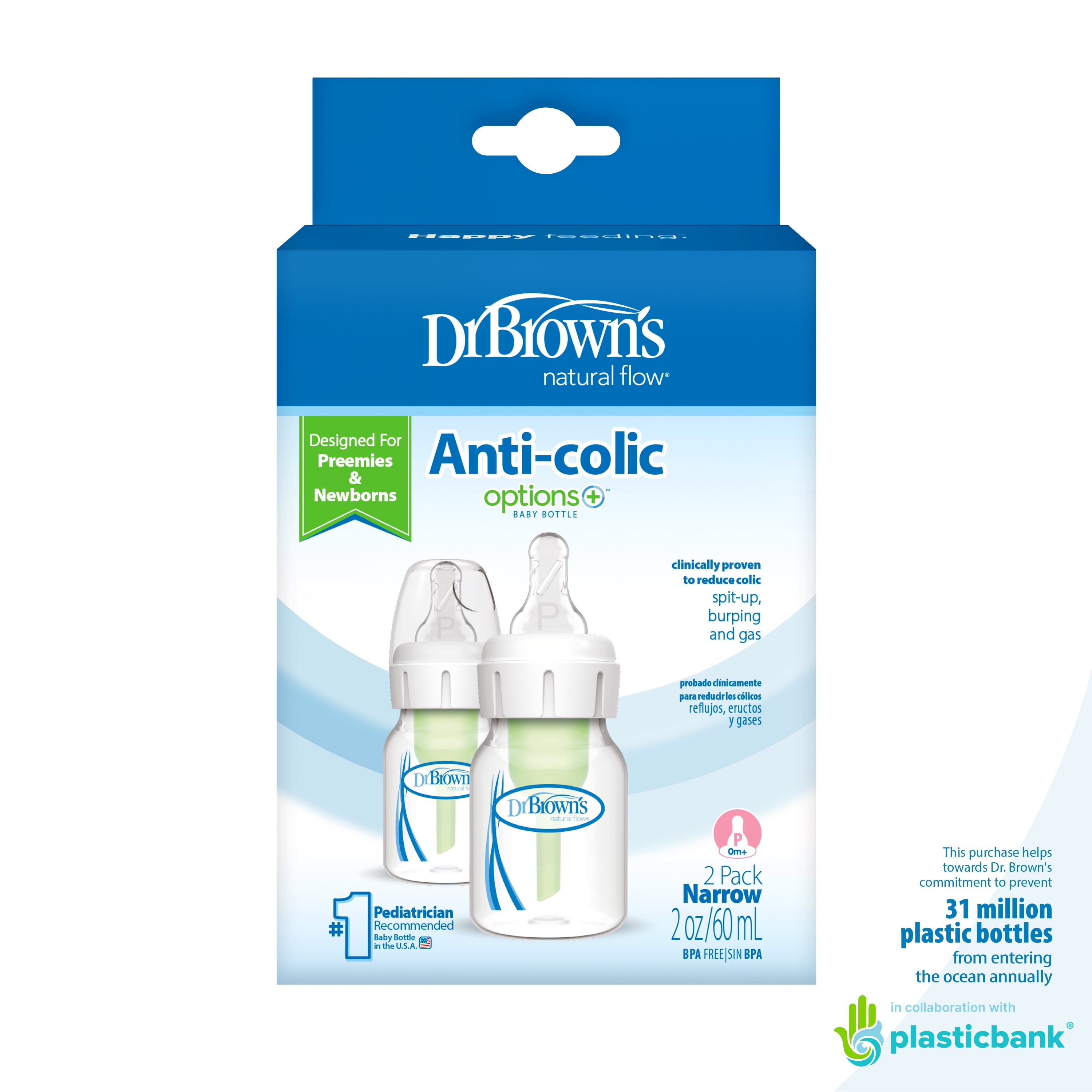 Dr. Brown's Natural Flow Anti-Colic Options+ Narrow Baby Bottle, 2oz/60ml, Preemie Flow, 0m+, 2 Pack