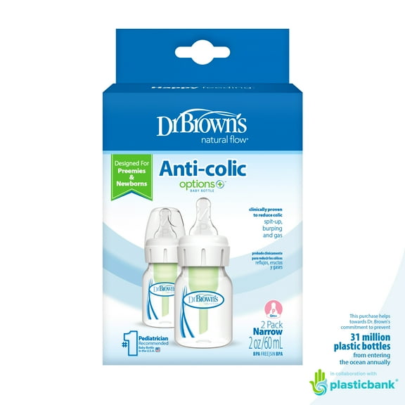 Dr. Brown's Natural Flow Anti-Colic Options  Narrow Baby Bottle, 2oz/60ml, Preemie Flow, 0m , 2 Pack