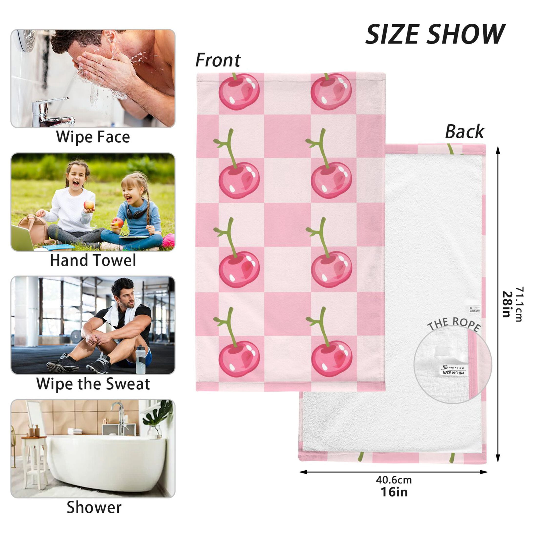 Cherry on Gingham Check 2 Pcs Hand Towel Set Cotton Absorbent Soft Face Towels Bath Towels for Bathroom Kitchen Shower Hotel Decor 16"x28"