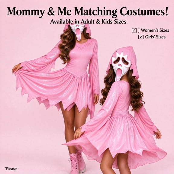 Girls Ghost Horror Costume Girls Pink Glitter Halloween Costume, Bling Sparkle Horror Dress with Screamy White Mask for Halloween Cosplay Party Outfit
