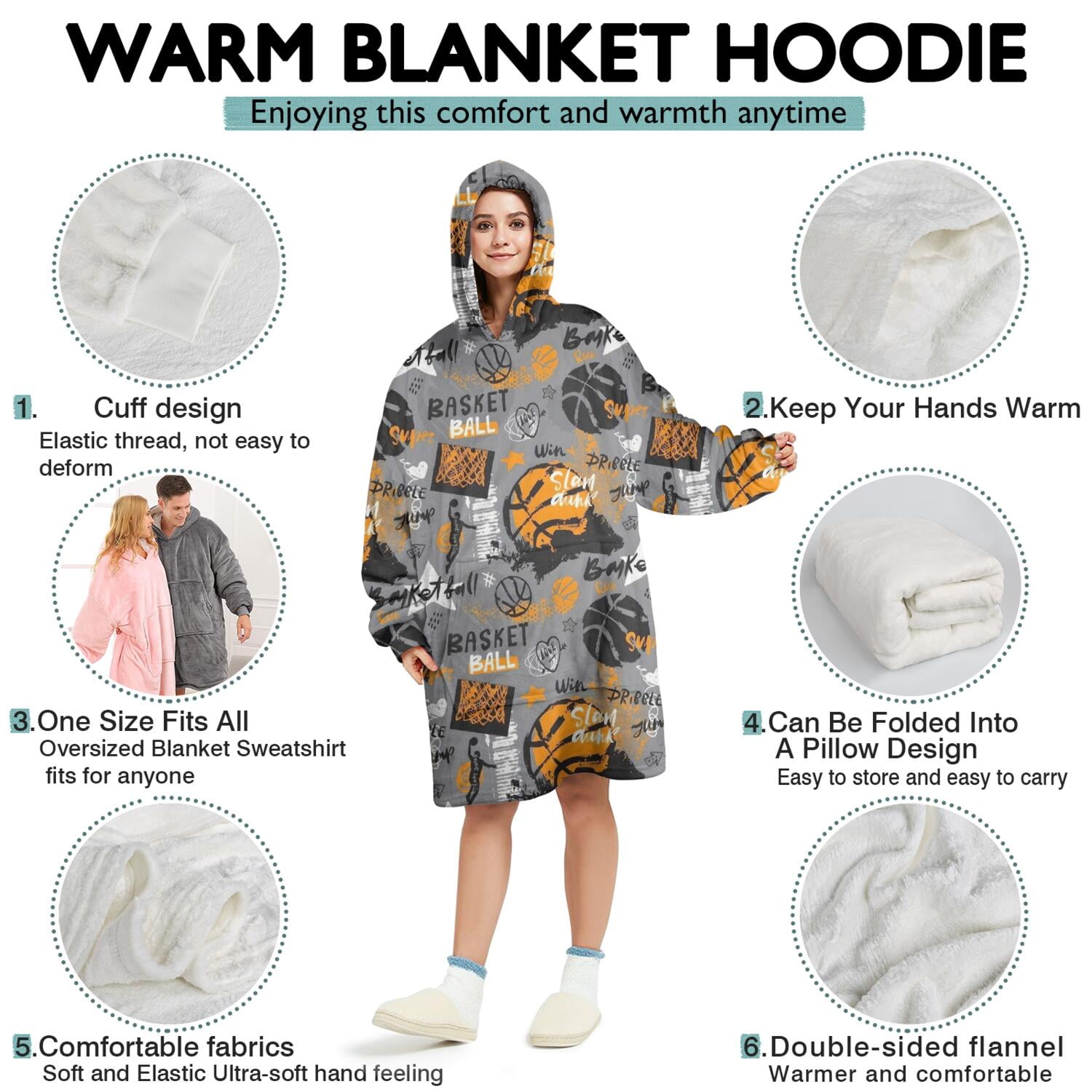 Gray Background Basketball Elements Pattern Wearable Oversized Blanket,Wearable Blanket Hoodie for Adults,Cozy Hooded Blankets with Super Pockets,Super Warm Fuzzy Pullover for Women & Men