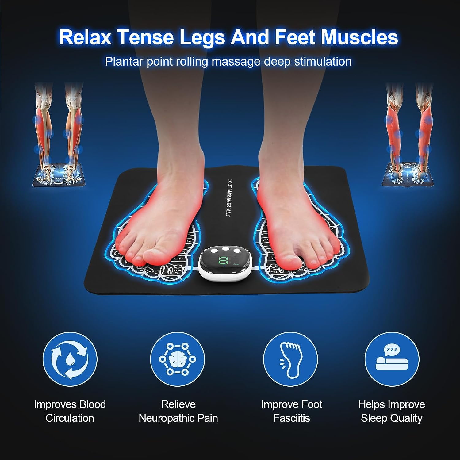 Phixnozar EMS Foot Massager Mat–Foot Stimulator Massager Pad–Foldable Feet  and Calves Massage Machine with 8 Modes and 19 Intensity Levels for