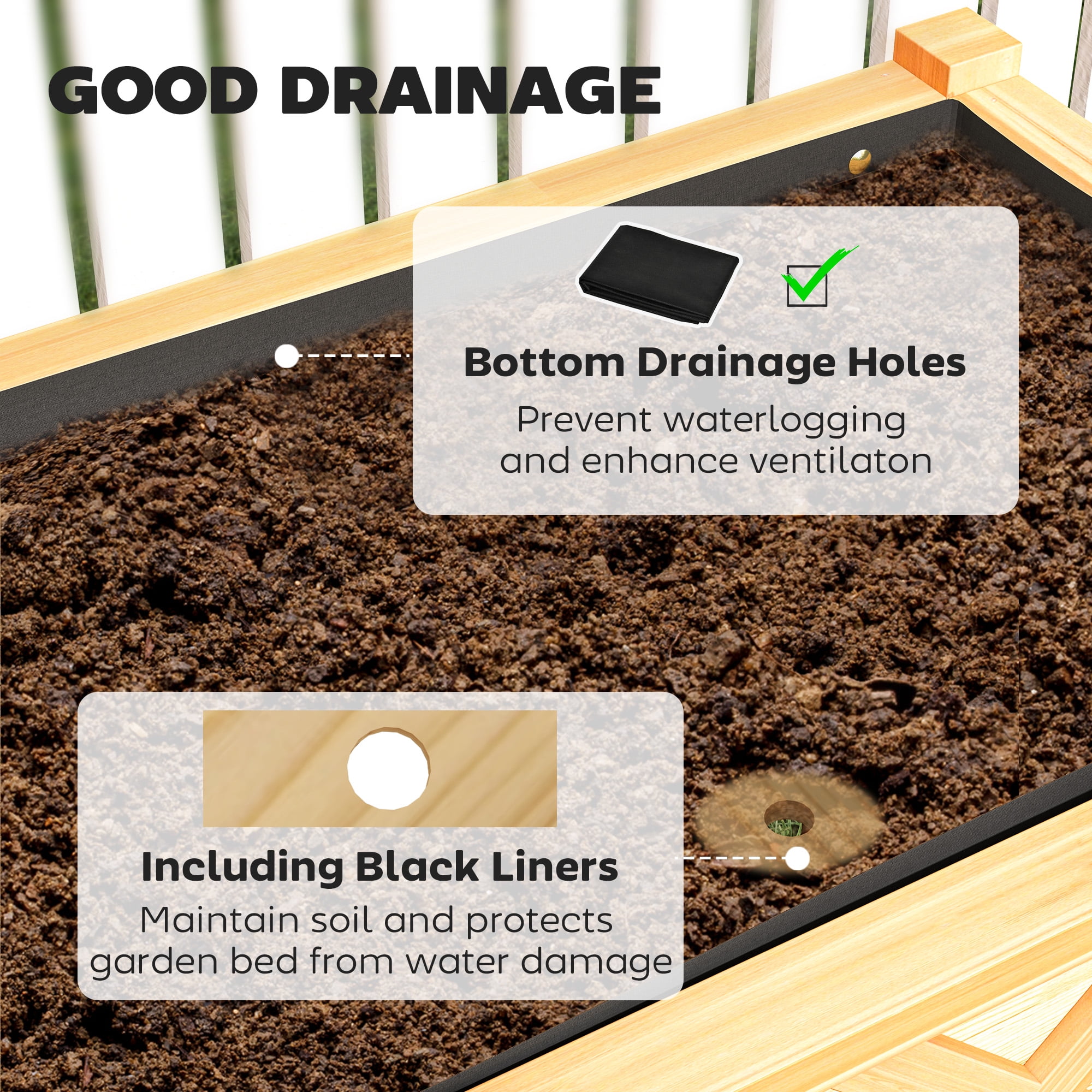 Dual-Tier Elevated Wood Planter Box, Raised Garden Bed with Storage Shelf, Drainage Holes and Liner
