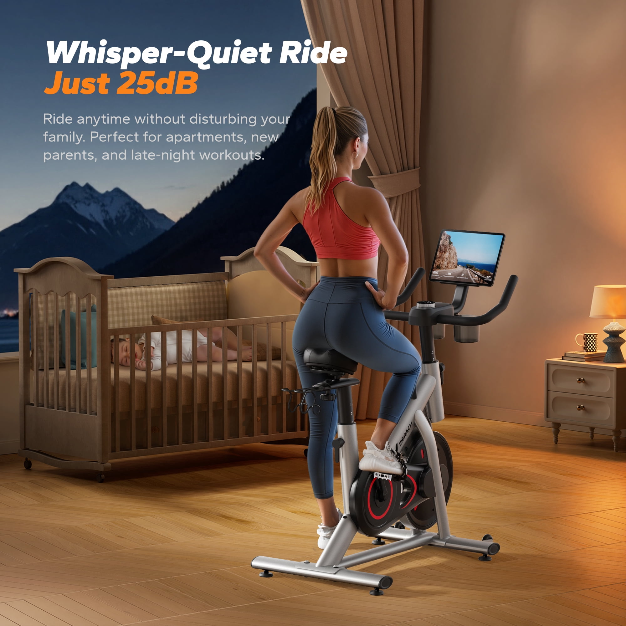 MERACH Exercise Bike, Brake Pad Stationary Bike with Exclusive App, Low Noise Indoor Cycling Bike with 300lbs Weight Capacity, Tablet Mount and Fitness Courses for Weight Loss